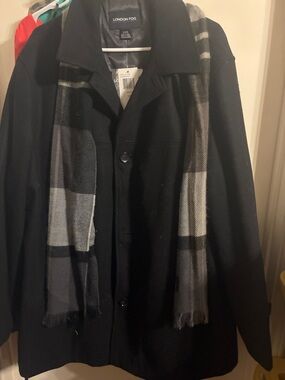 London Fog Black Coat with Gray Plaid Scarf